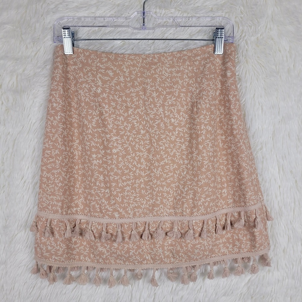 William B Peach Leaf Print Tassel‎ Trim Linen Blend Mini Skirt Womens Size Small